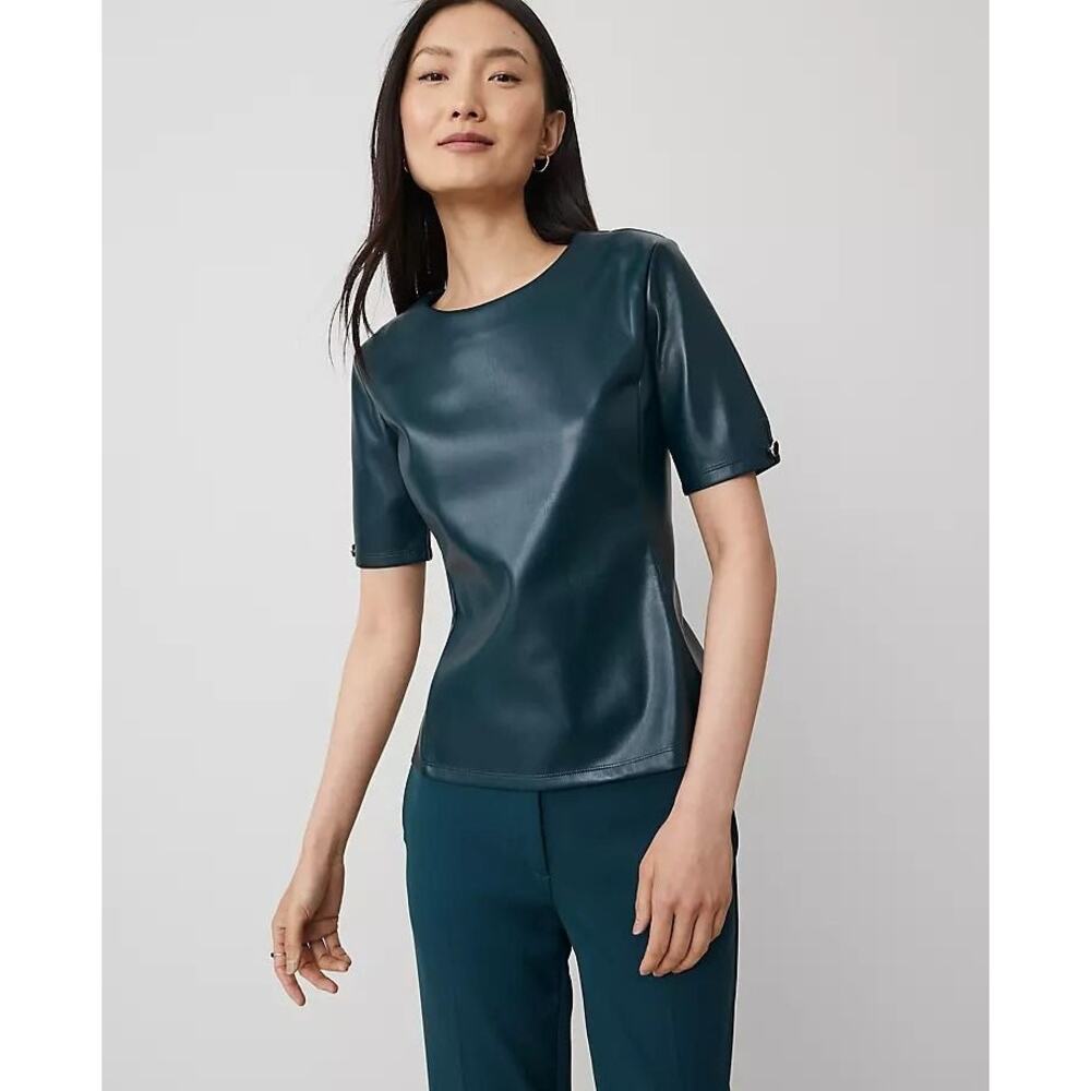 NWT Ann Taylor Faux Leather Peplum Top XS - Deep Teal / Forest Green